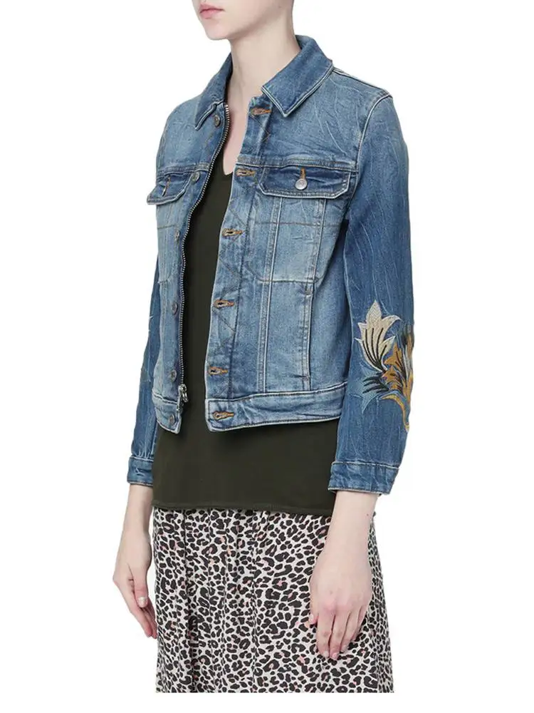

2021 Spring Embroidered Pattern Zipper Button Denim Jacket Women Jacket