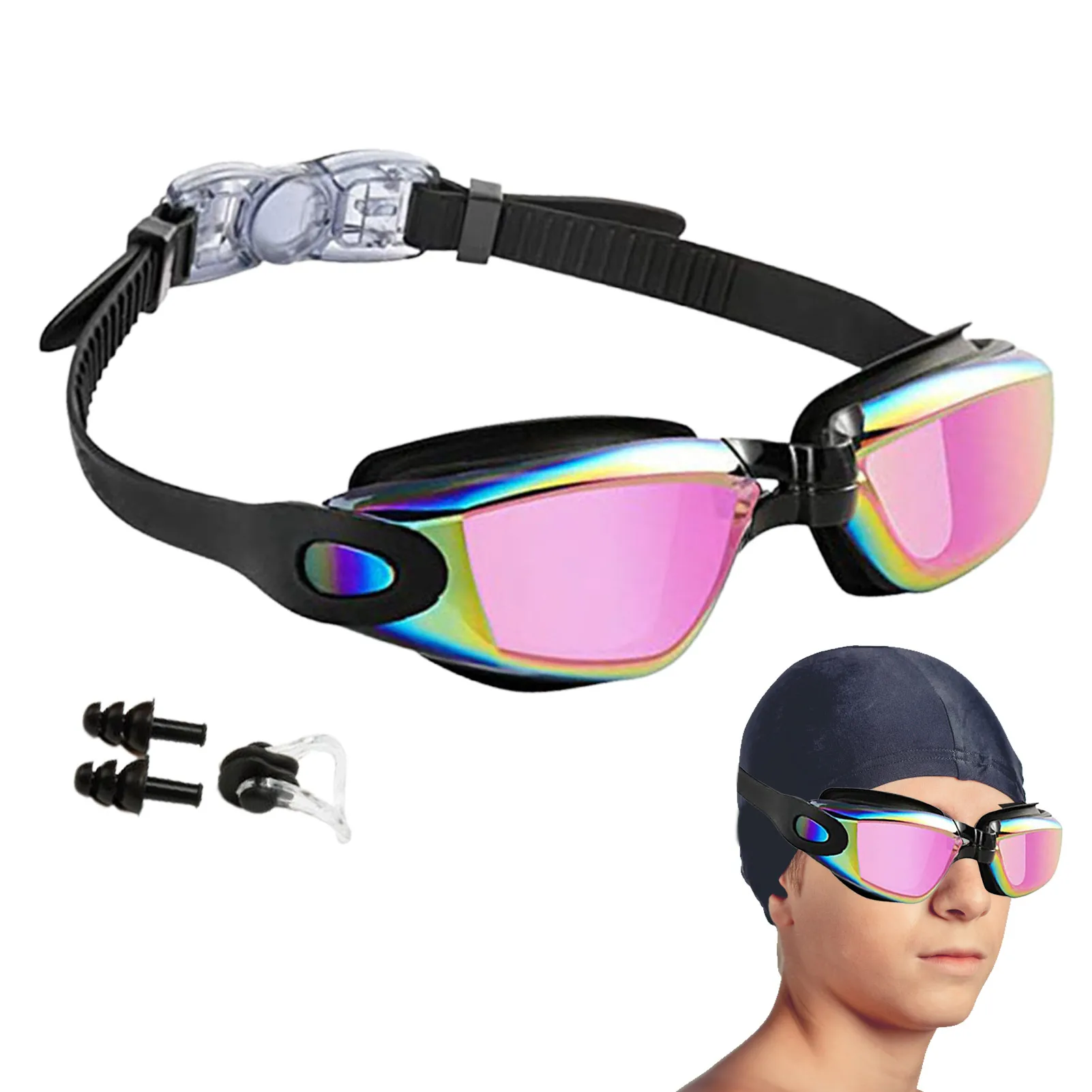 

Anti-Fog Swimming Goggles Silicone Colorful Swimming Goggles With Siamese Earplugs UV Protection Electroplating With Siamese