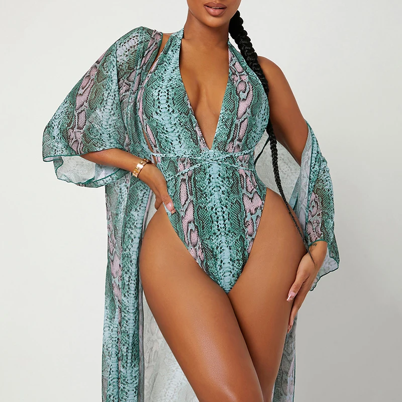 

Модный боди с глубоким V-образным вырезом и завязкой на шее + Длинная накидка с рукавом до локтя, сексуальное бикини со змеиным принтом, 2 шт., ...