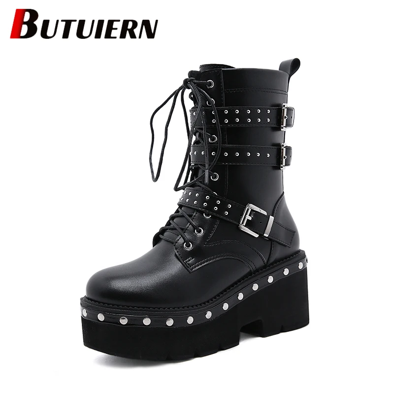 

Fashion High Heels Women's Ankle Boots Tower Buckle Lace-Up Rivet European and American Side Zipper Autumn and Winter Thick Sole