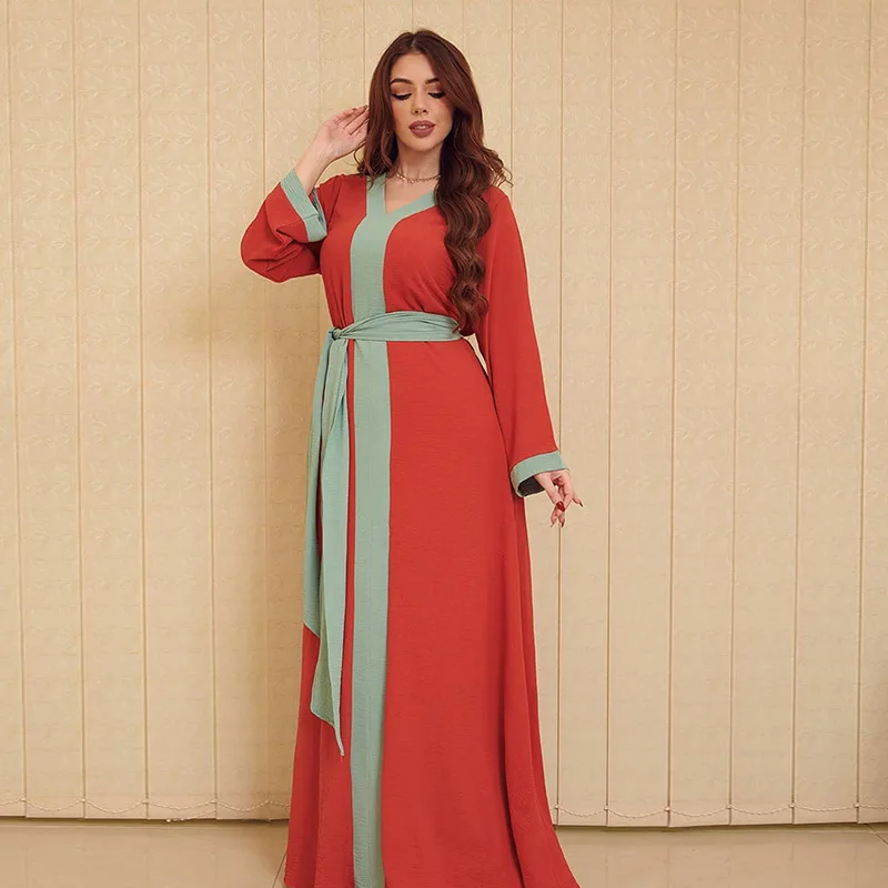 Wepbel Middle East Dubai Abaya Ramadan Maxi Muslim Dress for Women Islamic Clothing Colorblock Robe Muslim Belt Dress Caftan