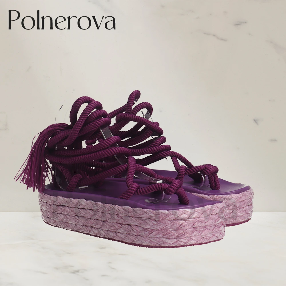 Platform Rope Sandals Tassel Lace Up Summer Shoes Flip Flop Sandals Designer Style Round Toe Shoes for Women Purple Green Beige