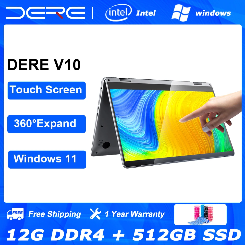 DERE V10 Laptop 11.6" Touch Screen Laptop 12GB RAM 512GB SSD 360° Flip Fold Intel Celeron N4000 Windows 11 Computer Notebook