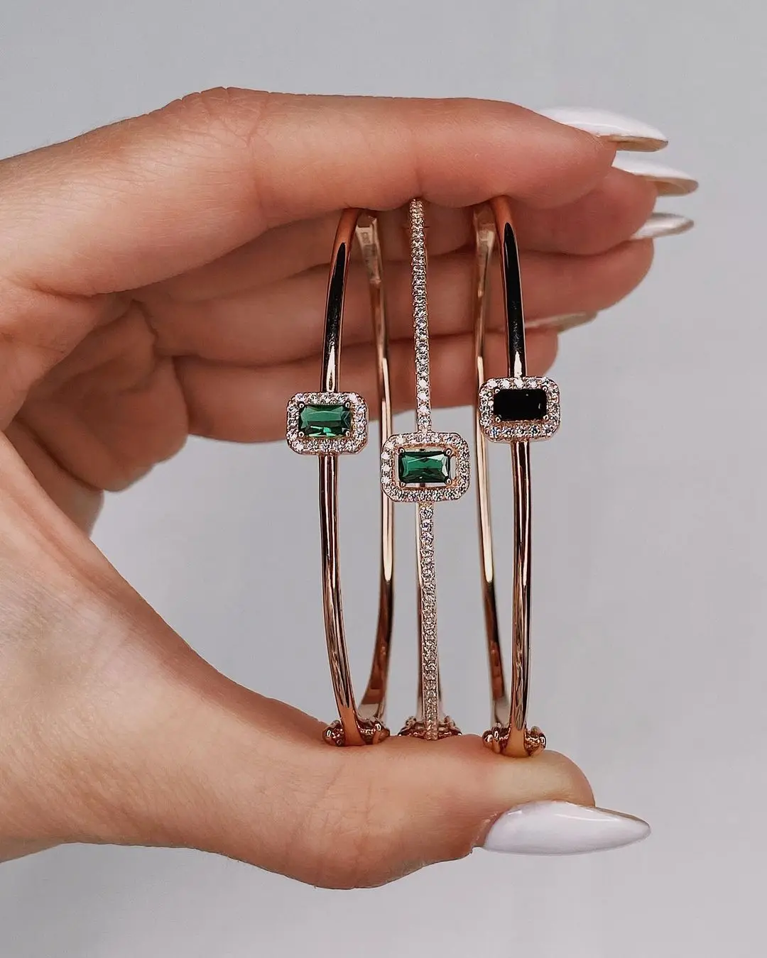 

Inner 60MM Rose Gold Color White Blue Green Red Colorful Rectangle Cubic Zirconia Fashion Women Bangle Bracelet