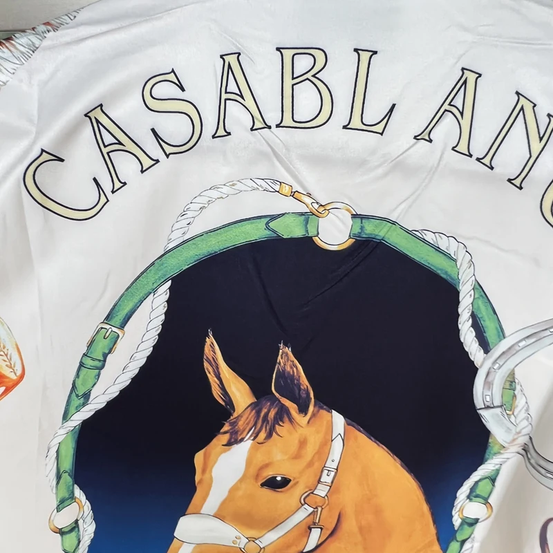 Brown Horsehead Print CASABLANCA Thin Silk Mesh Shortpant Shirt Short Set Men Women Hawaiian Beach TENNIS CLUB Seaside Surf Suit