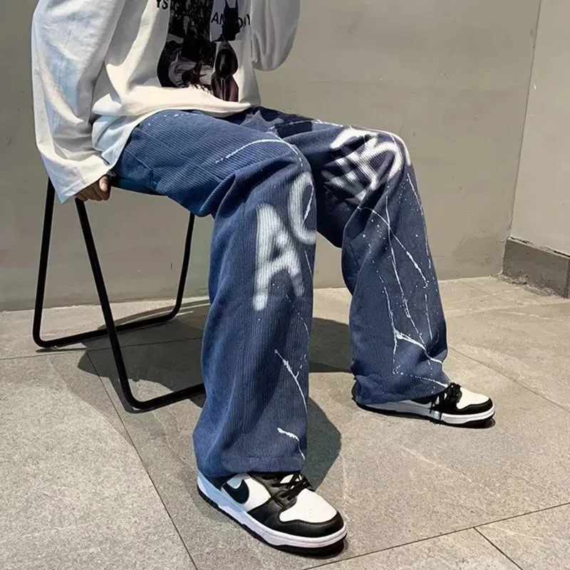 New Streetwear Harajuku Black Pants Men Oversized Corduroy Wide Leg Pants Korean Style High Waist Hip-Hop Y2k Harajuku Trousers
