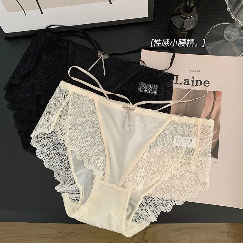 

Sexy Small Waist Pure Desire Crossed Thin Belt Hollowed-out Lace Underwear Women's Breathable Cotton Crotch Mid-waist Briefs