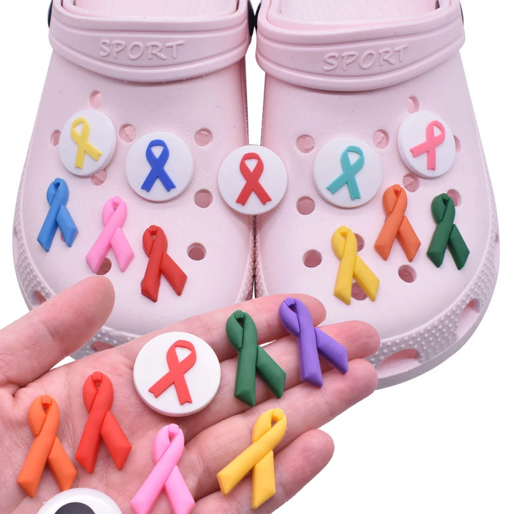 

Wholesale 1pcs PVC Shoe Charms for Crocs Red AIDS Ribbon Accessories Women Clogs Buckle Kids Pins Decoration Jeans Wristbands