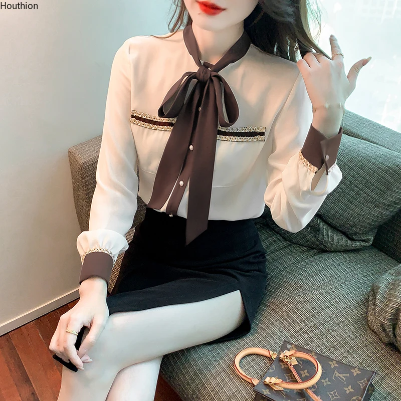 

Summer New Women's Blouses Polo Shirt Long Sleeve Splicing Printing Chiffon Top Casual Fashion Loose Female Clothing Houthion