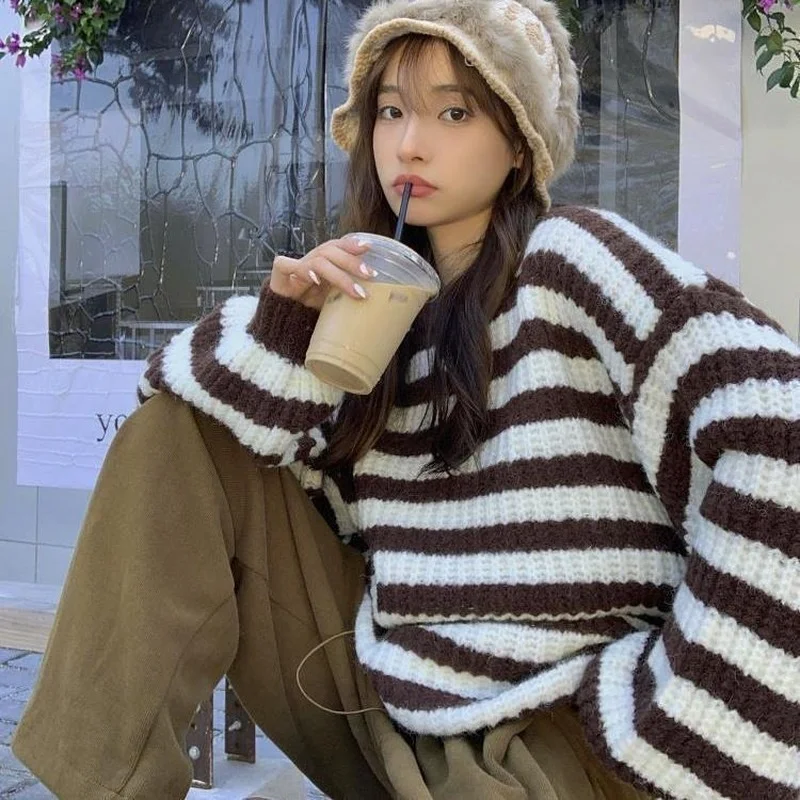 Deeptown Vintage Brown Striped Sweater Women Harajuku Korean Fashion Oversize Pullover Jumper Female Preppy Style School Girl