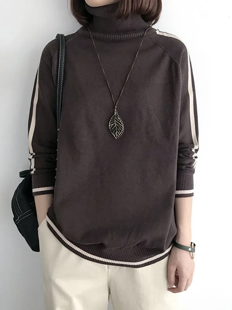 

Women Long Sleeve Casual Sweaters New 2023 Autumn Winter Korean Style All-match Loose Female Knitted Turtleneck Pullovers D415