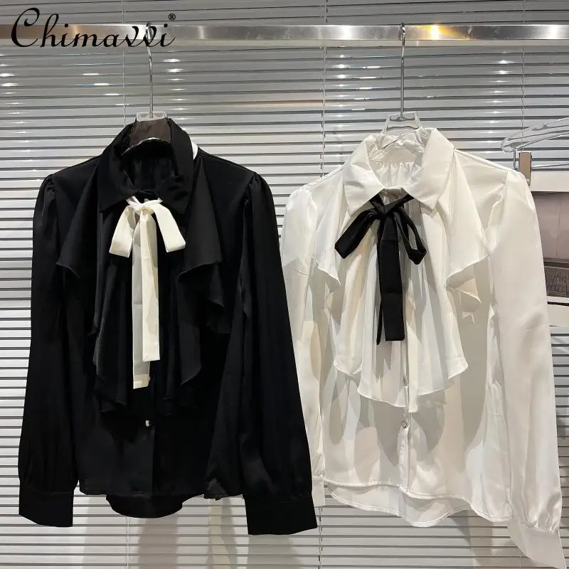 

2022 Spring New Female Simple Black White Contrast Color Top Women Fashion Lace-up Bow Tie Ruffled Silk Shirt Office Lady Blusas