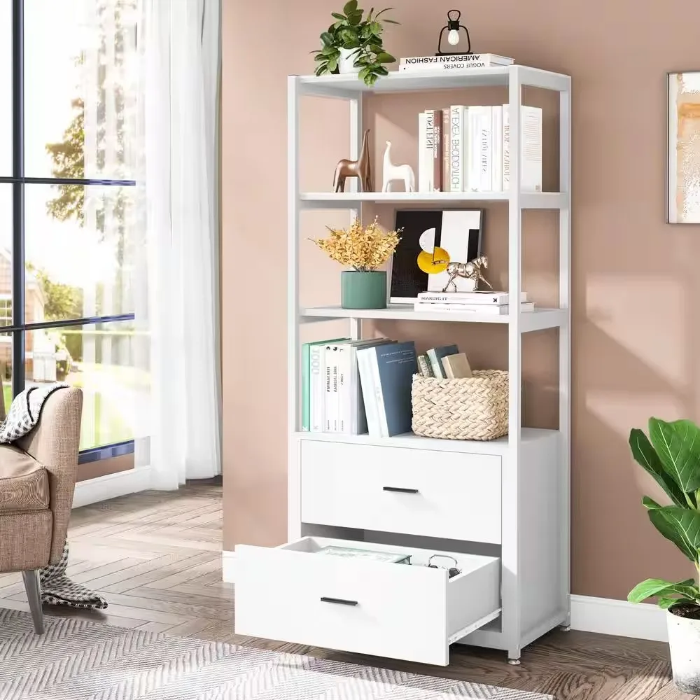 

4-Shelf Etagere Bookcase with 2-Drawers Adjustable Storage Rack,Strong and Durable, 35.5"L X 16"W X 71"H, White Color
