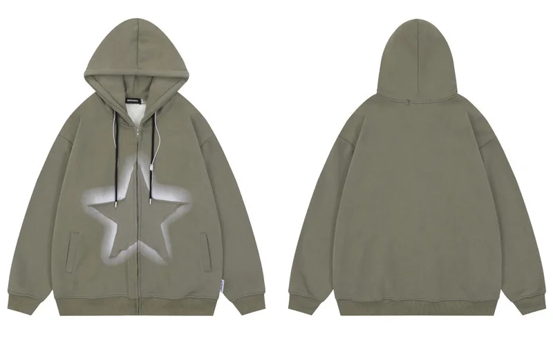 

Up Zip Hip Hoodie Hop Jacket Y2K Vintage Star Patch Fleece Zipper Hooded Coat 2023 Winter Retro Casual Loose Baggy Sweatshirt