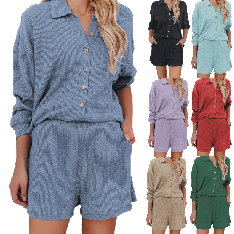 

2023 New Solid Color Pit Button Lapel Casual Fashion Home Dress Women's Set