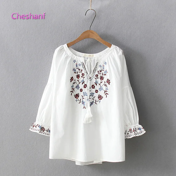 

Bohemian Blouse 2021 Women Pullover Female Spring Autumn Spain Style Boho Ethnic Flare Sleeve Embroidery Shirt Blusa Tops