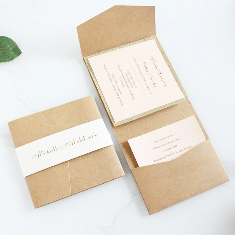 Темно-зеленые и розовые подробные карманные складные приглашения на свадьбу