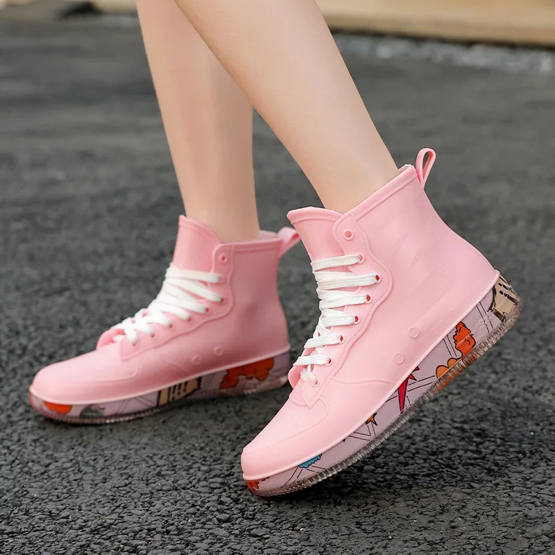 

Осенние женские резиновые сапоги, модные короткие туфли на шнуровке, трендовые Повседневные Дышащие водонепроницаемые сапоги с нескользящ...