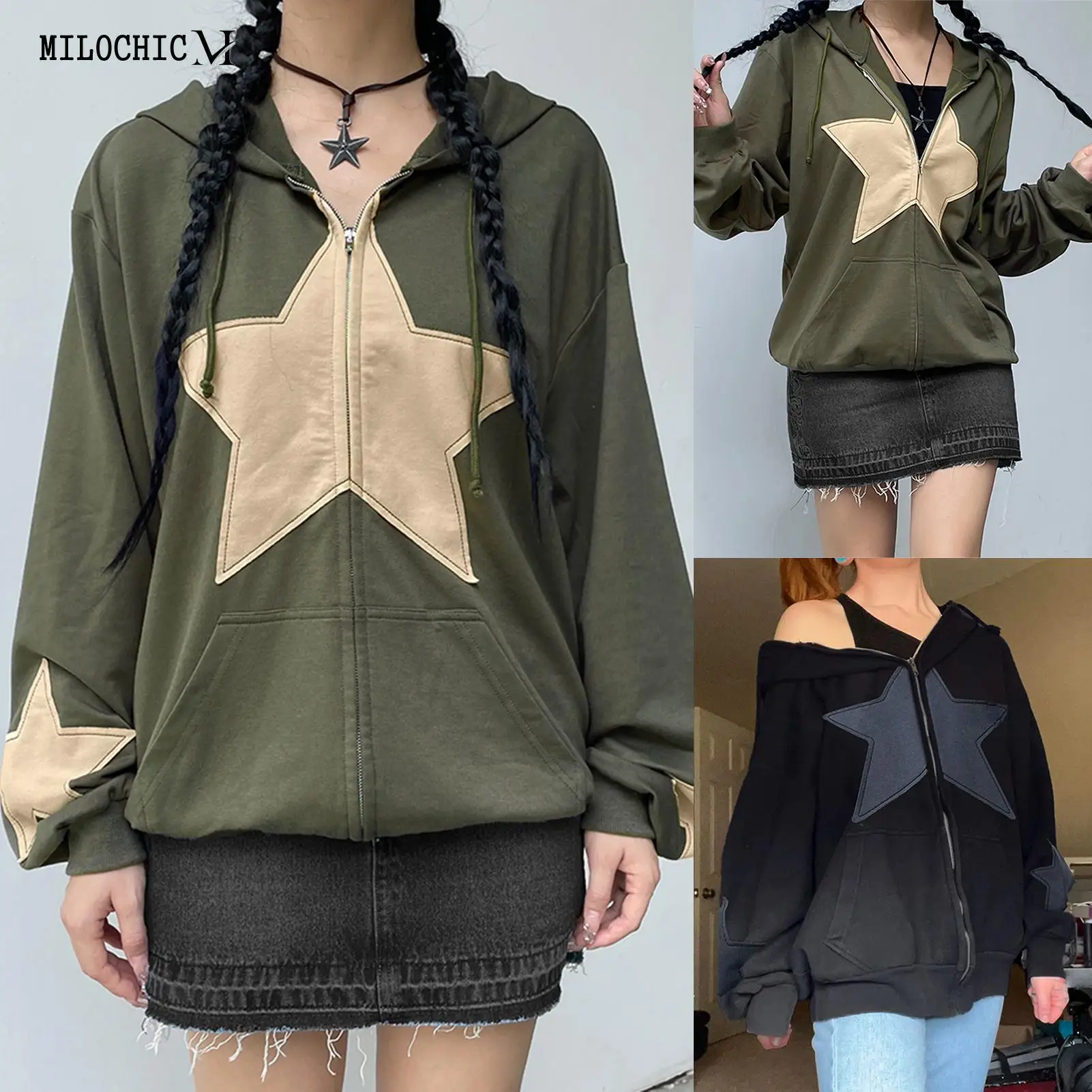 

Zipper Up Harajuku Style Loose Fit Oversized Women Sweater with Pockets Star Patch Ladies Casual Sweatshirt Daily Outfit