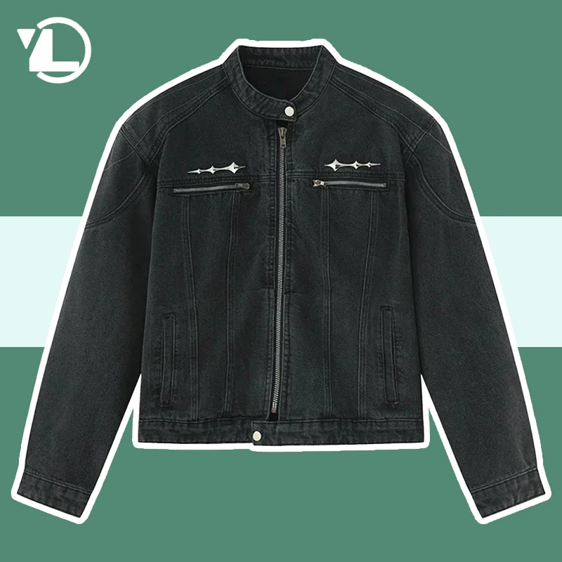 Джинсовая куртка унисекс свободная уличная одежда из денима на молнии в стиле