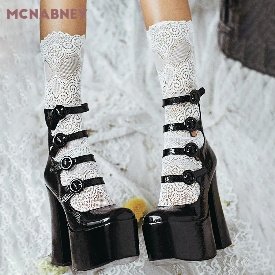 Black Patent Leather Mary Jane Shoes New Round Toe Super High Thick Heel Thick Bottom Buckle Single Shoe Hollow Women's Shoes