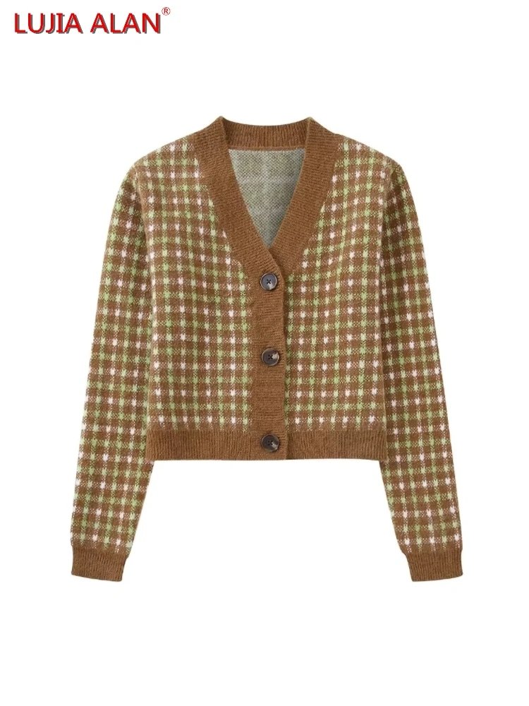 

Women V-Neck Single Breasted Plaid Knitted Sweater Coat Hot Sale Female Long Sleeve Pullover Loose Tops LUJIA ALAN SW1738