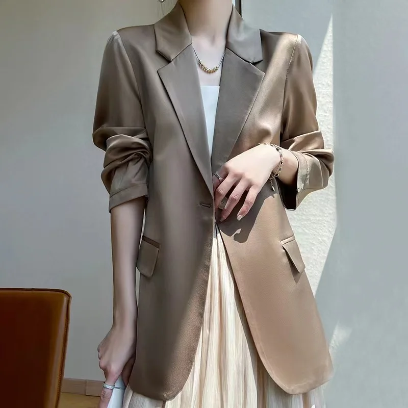 

High End Solid Color Outerwear For 2023 Spring/Summer New Acetic Acid Satin Suit Fashion Foreigner Top For Women