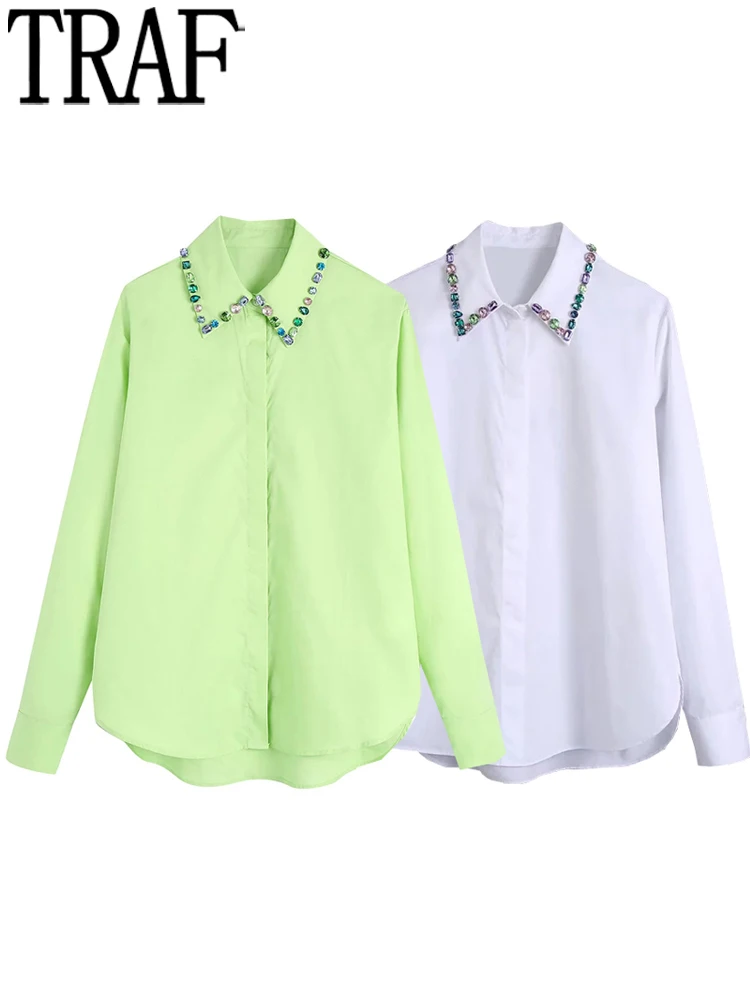 

TRAF Bejewelled Women Shirt Green White Button Up Shirt Woman Asymmetric Hem Long Sleeve Top Female Blouses Women Casual Shirt