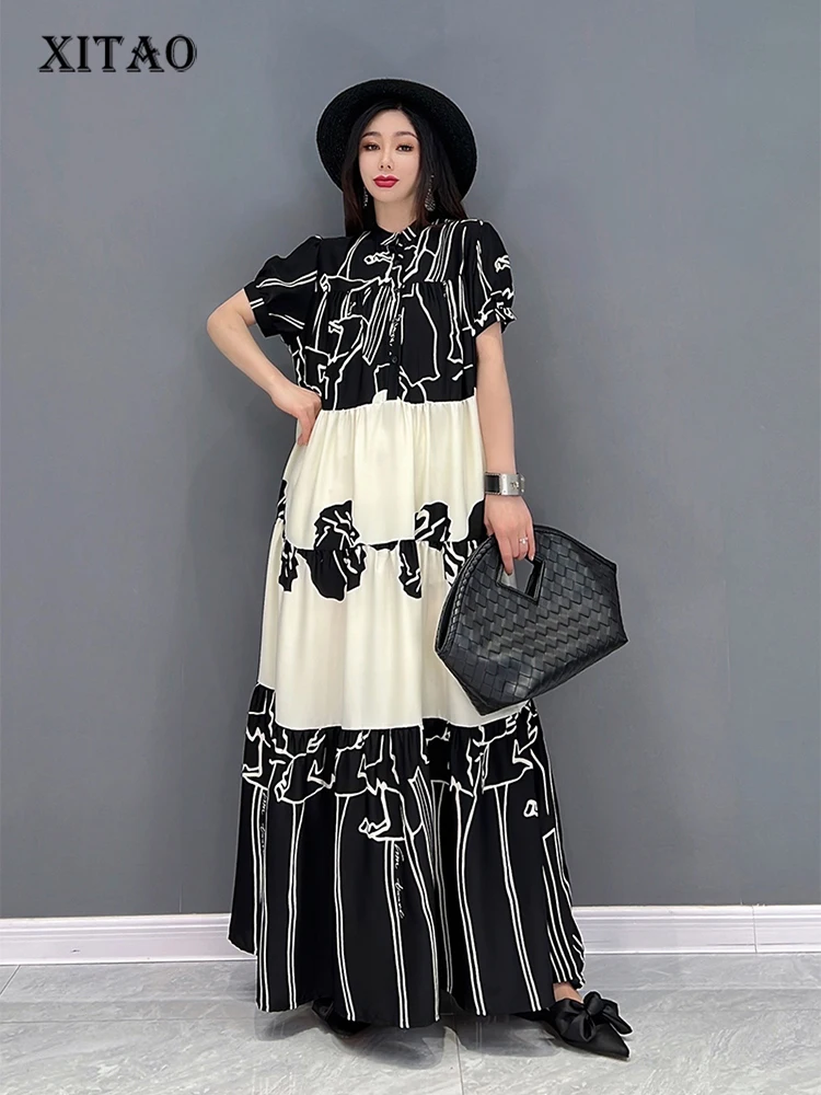 

XITAO Fashion Print Dress Loose Casual Contrast Color Splicing Stand Collar Shirt Dress 2022 Summer New Simplicity Women ZY6928