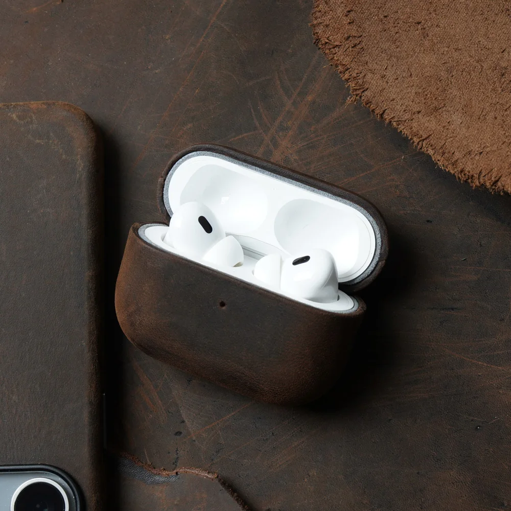 Фото Итальянский чехол Crazy Horse из натуральной кожи для AirPods Pro 2, роскошные чехлы для AirPods 3 2 и 1, чехол для беспроводной Bluetooth-гарнитуры №4