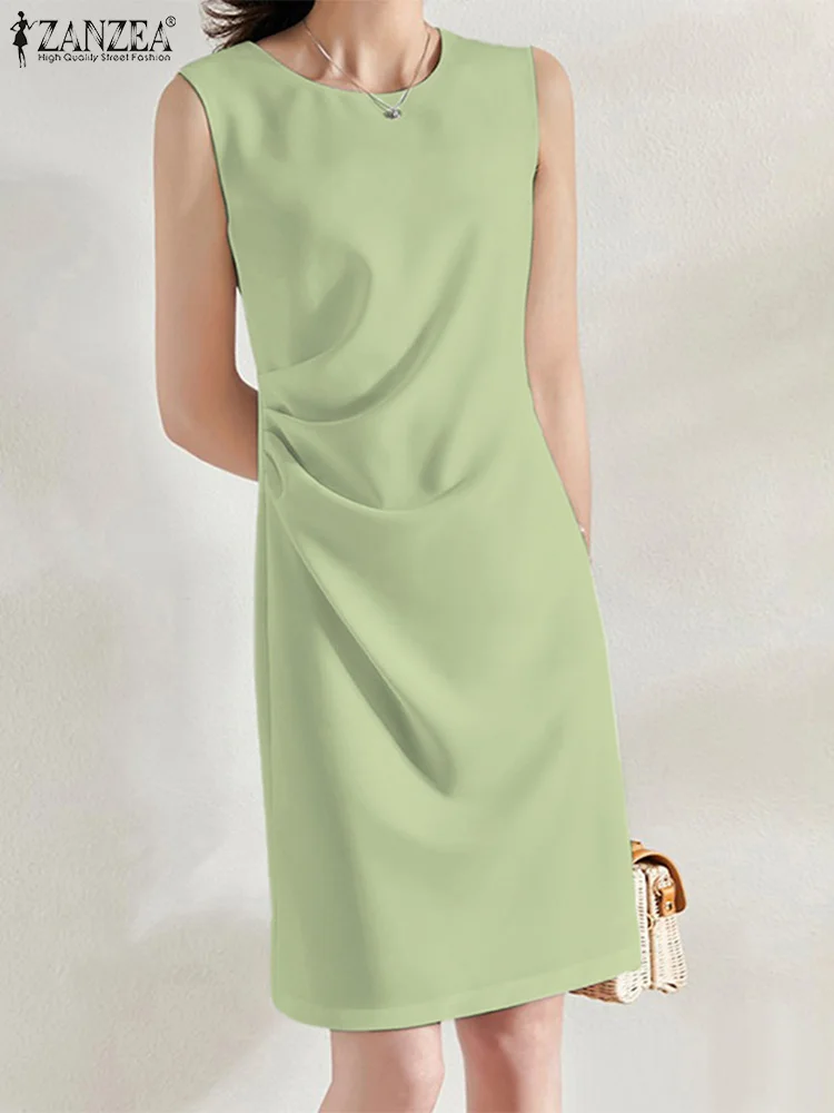 

ZANZEA Casual Side Pleats Short Robe Korean Fashion Solid Tank Dresses Vintage Sleeveless O-Neck Sundress Summer 2023 Vestiodos