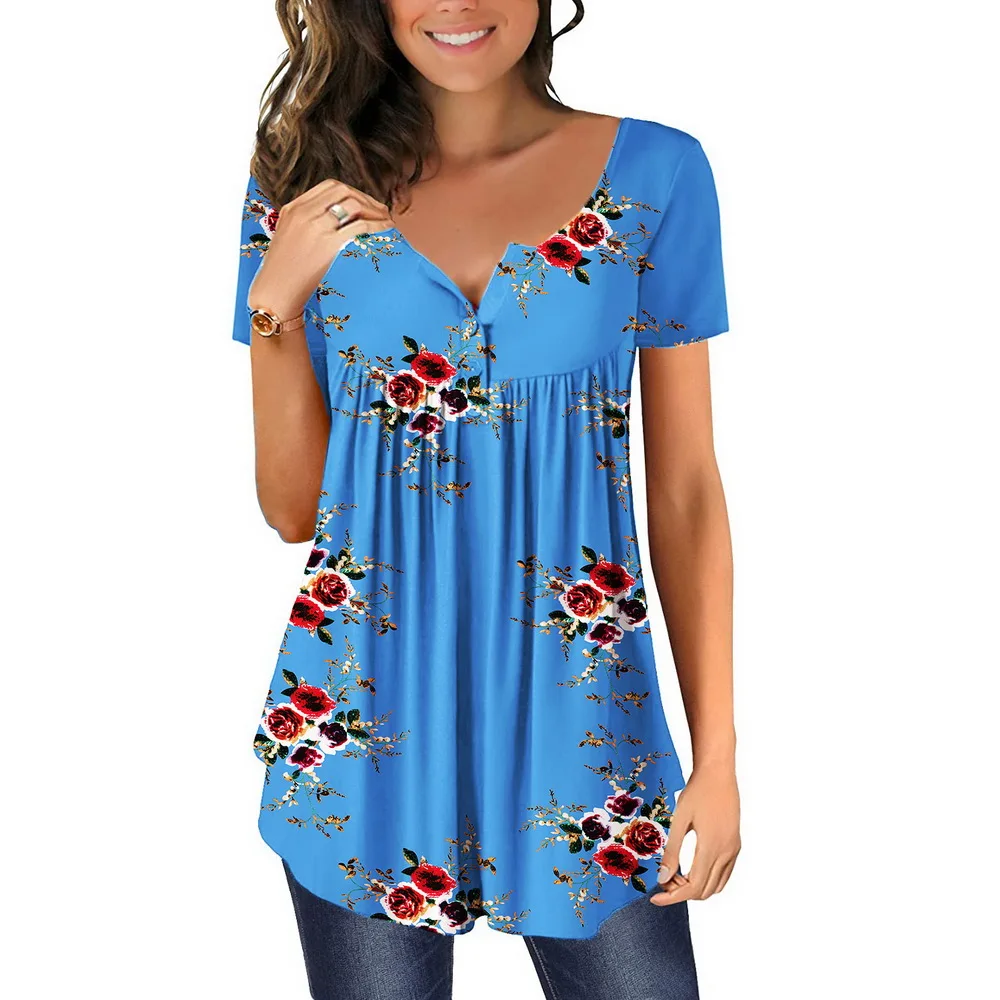 

Womens Casual Short Sleeve Loose T-Shirts Floral Printed Pleated Tunic Tops V-Neck Female Pullover Top Summer Tee Shirts Clothes