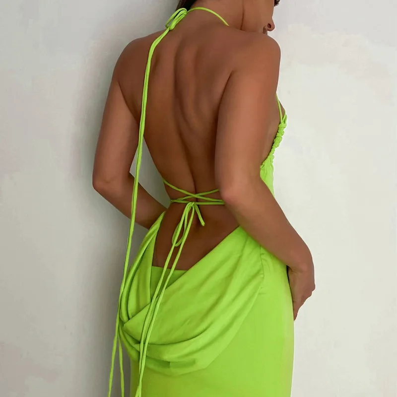 

2022 Ruched Split Maxi Dress for Women Sexy Bandage Backless Summer Halter Beach Long Dresses Gown Club Party Clothes