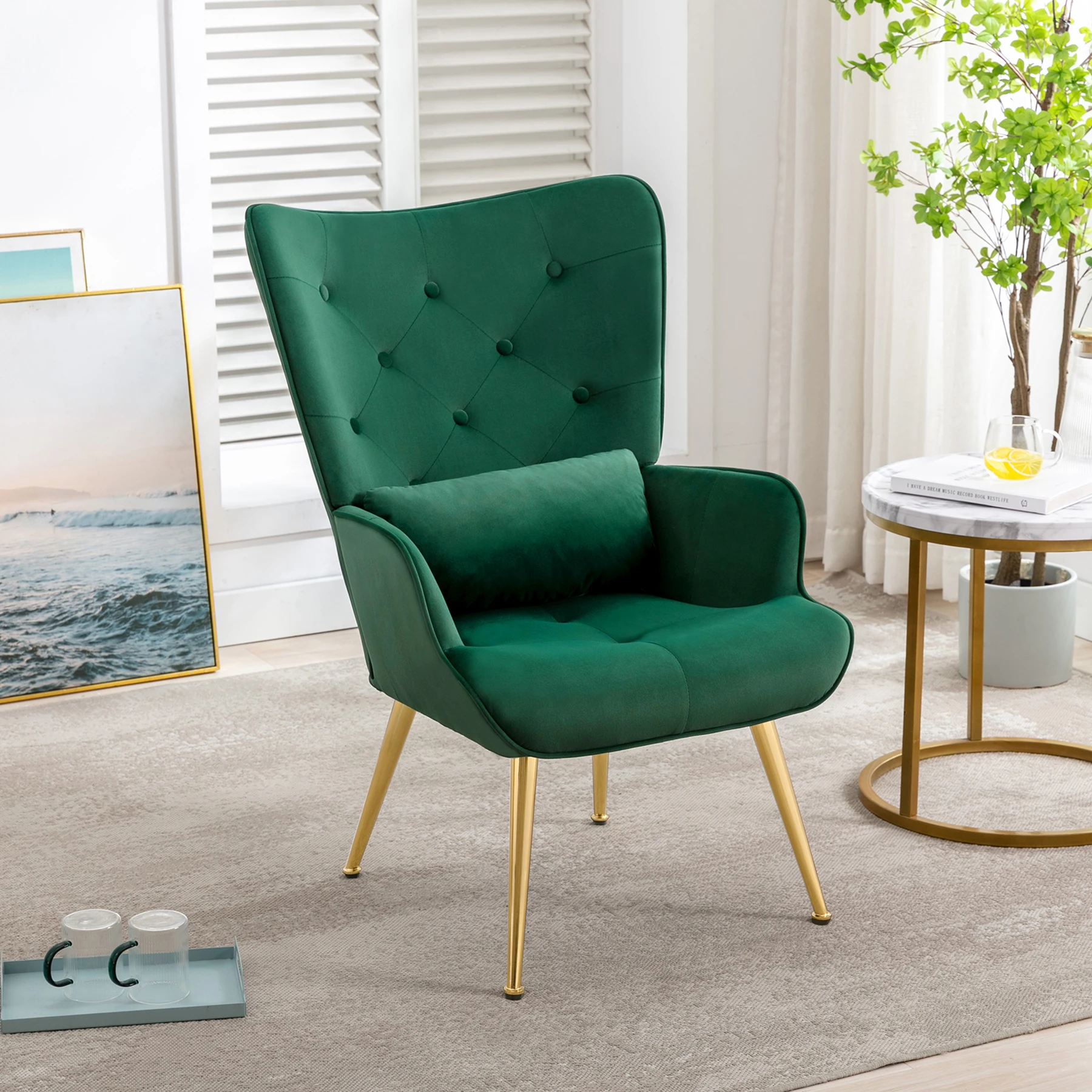 

Accent Armchair with Golden Plated Metal Legs High Wingback Chair with Waist Pillow Design For Dining Living Room Chair Bedroom