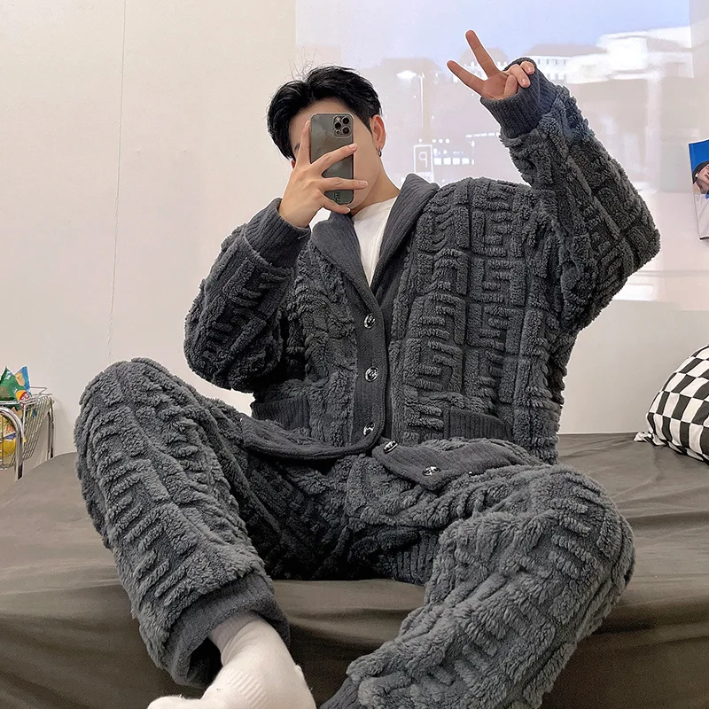 Pajamas Autumn Winter Flannel Warm Sleepwear Men Thicken Home Clothes Lounge Nightgown Leisure Men's Pajama Sets Dressing Gown