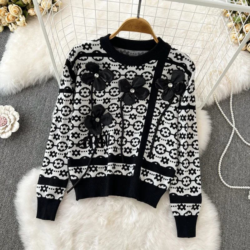 

Hikigawa Chic Fashion Women Vintage 3D Floral Decoration O Neck Sweater Coat Autumn Slim Fit Knitted Long Sleeve Pullover Top