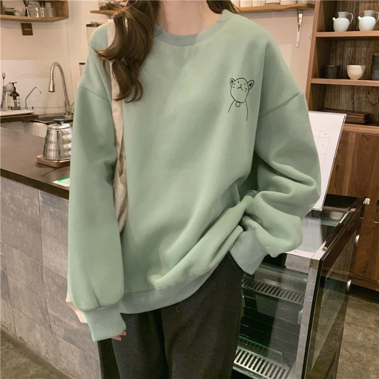 2047  new loose ins long-sleeved pullover round neck solid color cartoon print plus velvet Sweatshirts