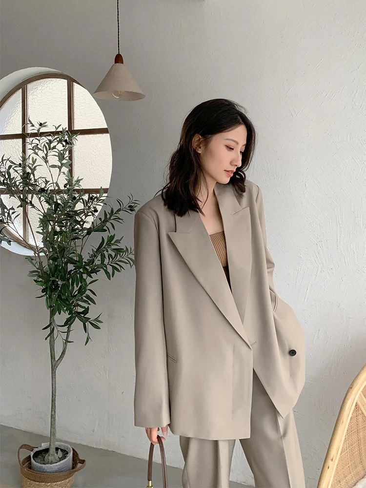 

blazer Two sets piece woman ins style loose solid khaki blazer+high waist pants 2023 autumn office wear outfit sold separately