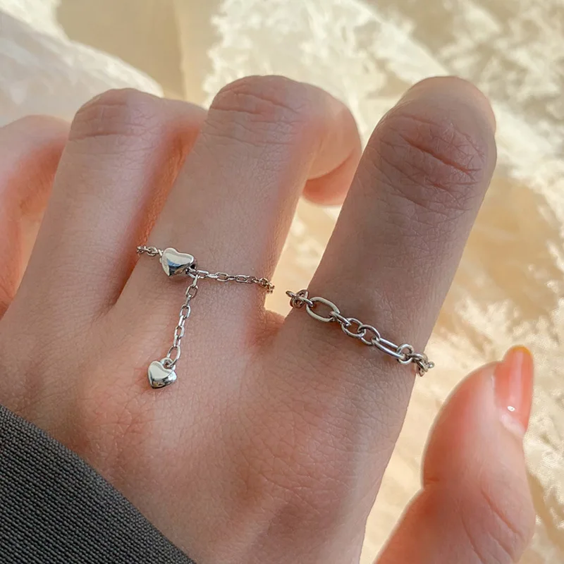 

Romantic Sweet Heart Chain Rings For Women Girls Simple Tassel Adjustable Ring Wedding Party Geometric Rings 925 Sterling Silver
