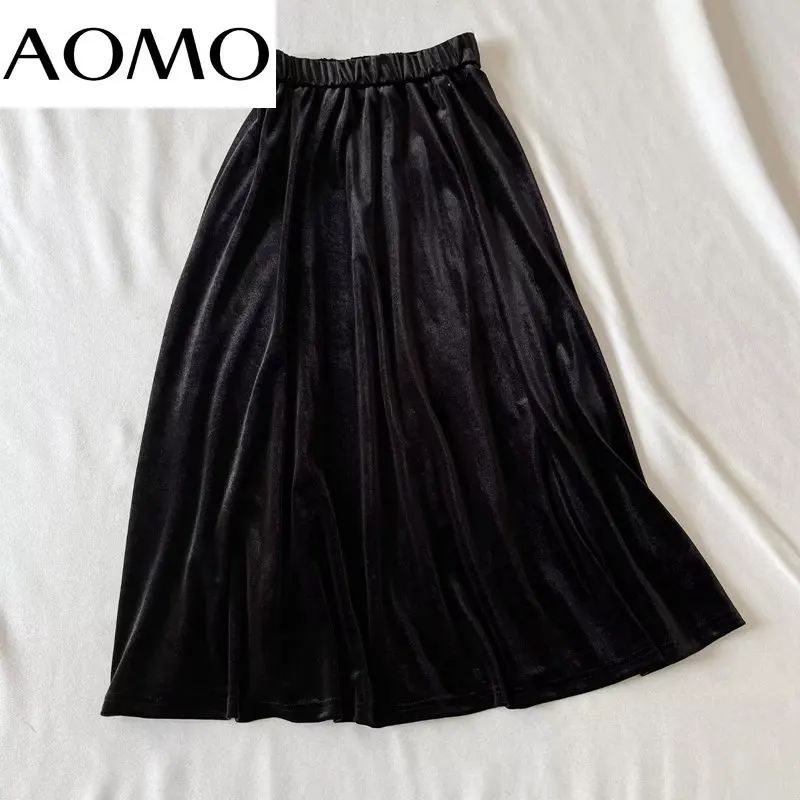

AOMO New Women Solid Velvet Midi Skirt Strethy Waist OL Pleated Skirt XLJ98A