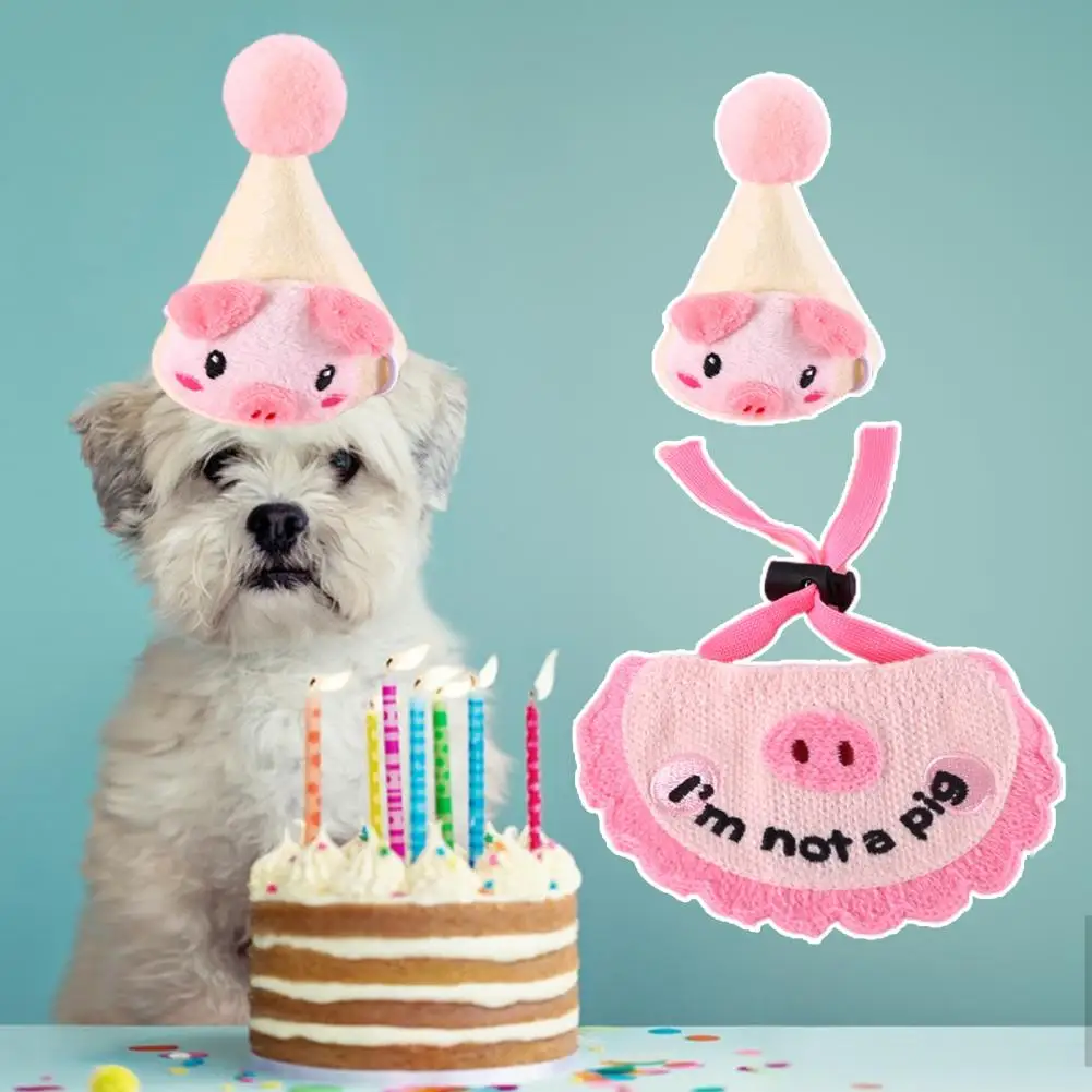 Cartoon Cat Bandana 1 Set Stylish Super Soft Pink Color Pig Pet Bib Saliva Towel with Headgear Supplies |