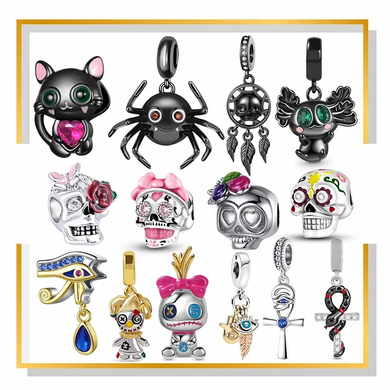 

925 Sterling Silver Halloween Gift Mr. Skeleton Charms Black Cat Demon Eyes Clown Skull Cross Bead For Original Bracelet Jewelry