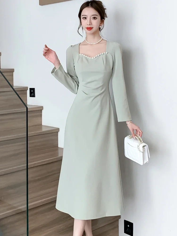 

Зеленое Плиссированное облегающее деловое длинное платье 2023, женское шикарное платье с квадратным вырезом и бриллиантами, осенне-зимние элегантные платья в Корейском стиле