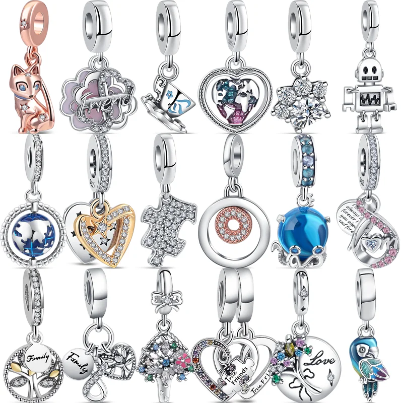 

925 Silver Double Ring Two-Color Eternal Heart Friends Family Puzzle Shine Pendant DIY Beads Fit Pandora Charms Bracelet Jewelry