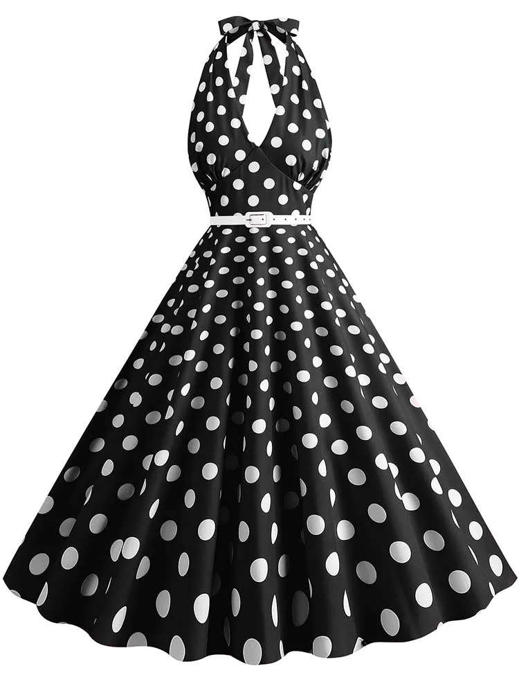Women Vintage Halter Party Dress Summer Polka Dot Cocktail Prom Elegant Midi
