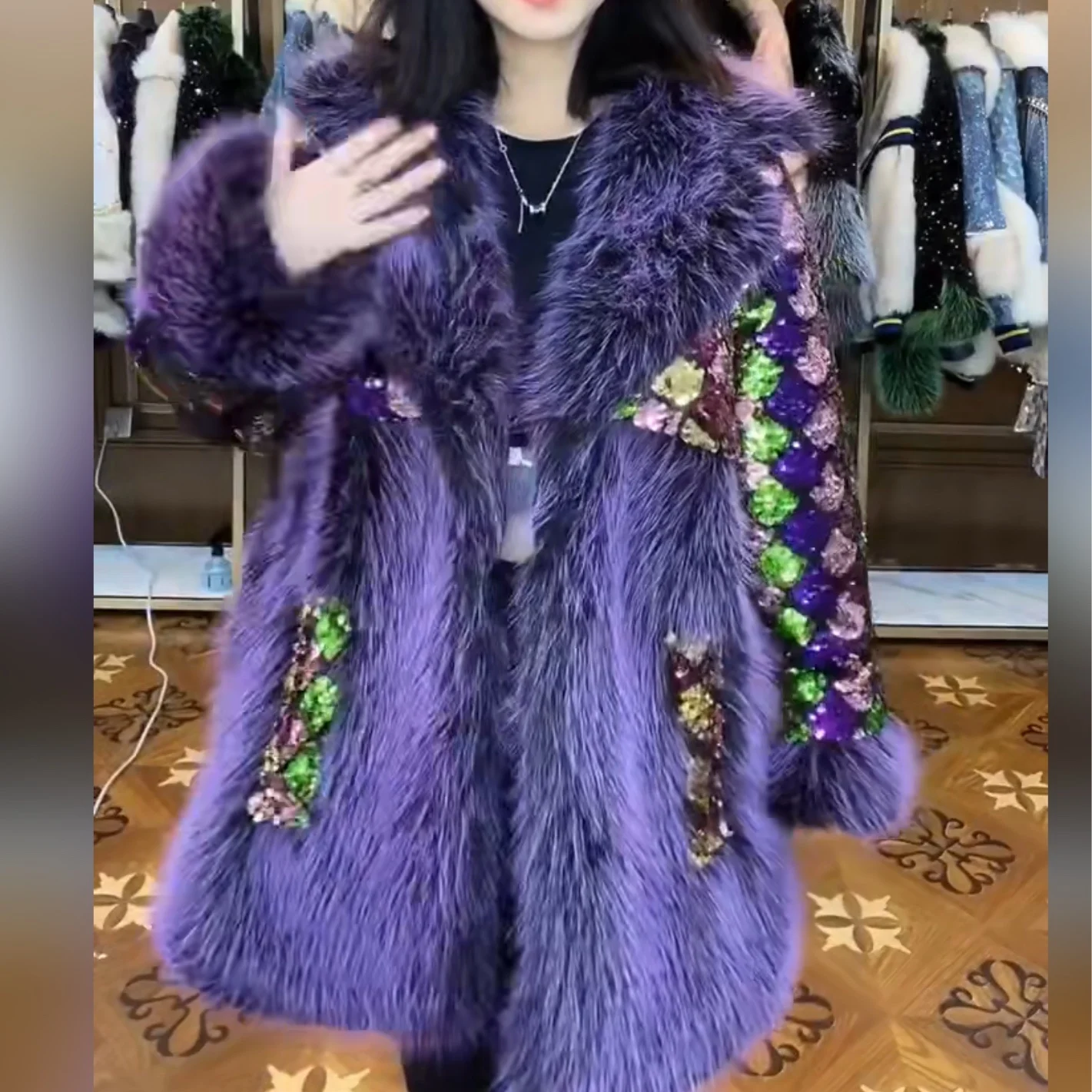 Fur Long Sleeve Female Toka Double Face Wool Leather Warm Heavy Embroidery Sequins Casual Trend Fashionable Jacket Winter