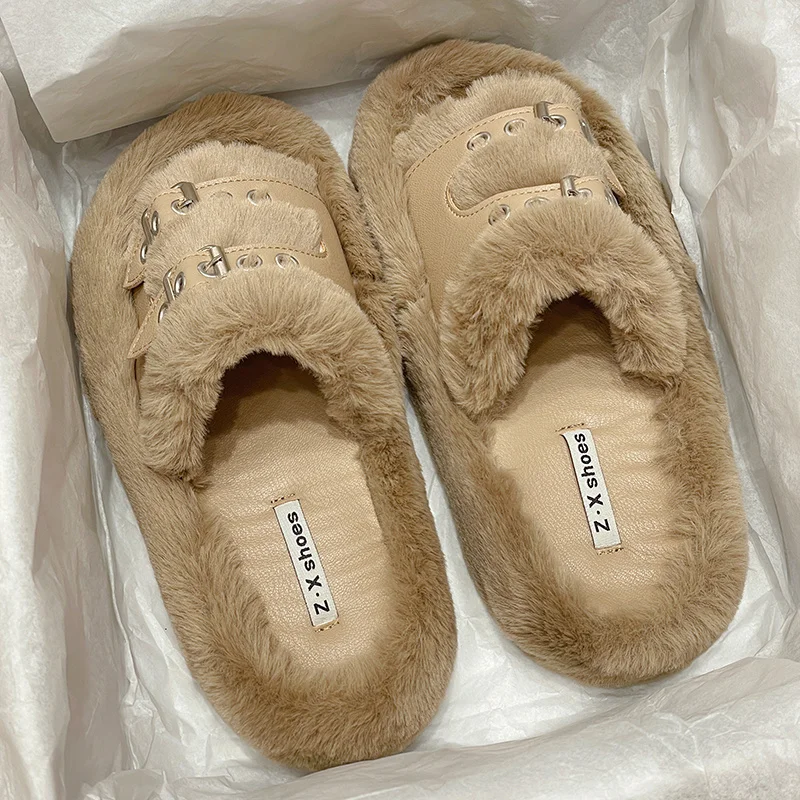

Тапки женские плюшевые, Сланцы на средней платформе, зимняя обувь, мех, Роскошные, 2022