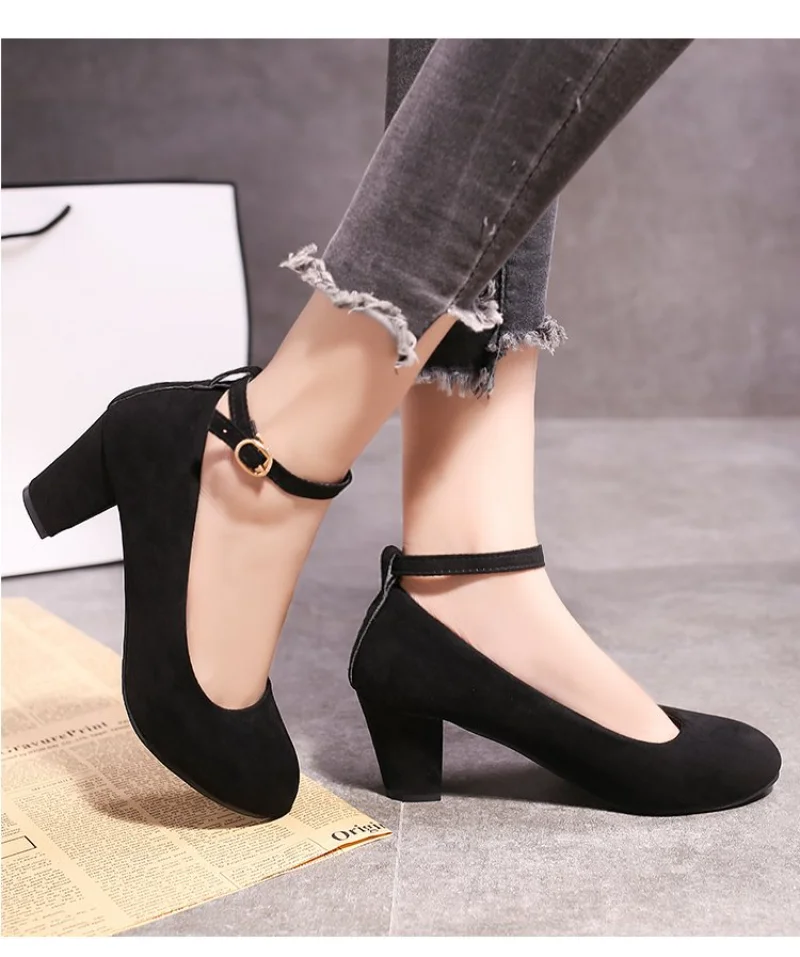 Women's Fashion Pumps Sweet Woman Thick High Heels Ankle Strap Flock Female Platform Mary Jane Women OL Shoes Ladies Footwear