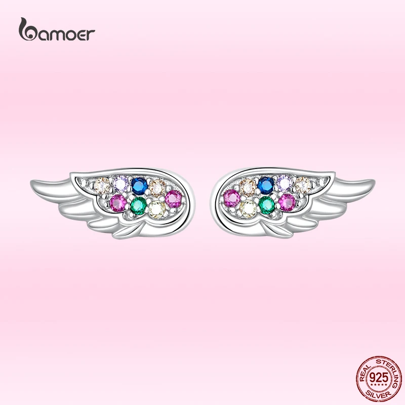

Bamoer Real 100% 925 Sterling Silver Lucky Wings Colorful Zircon Stud Earrings for Women S925 High Quality Silver Fine Jewelry