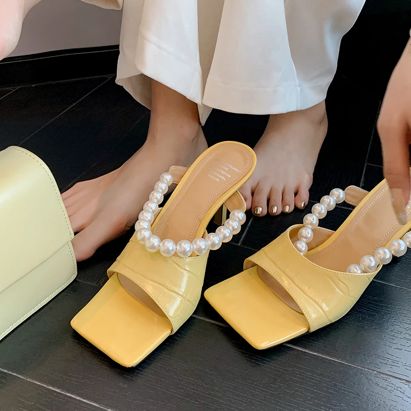 

2022 New Woman Pumps Ladies Slides Summer Shoes for Women Sandals Square Toe Thin High Heels Pearl Heeled Female Shoes